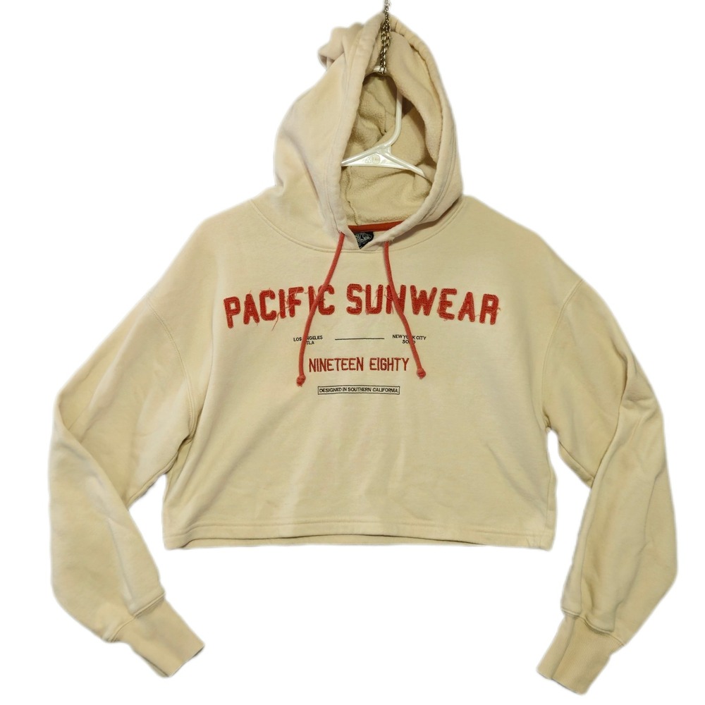 PacSun Cropped Hoodie Women XS Cream Red Graphic Nineteen Eighty Relaxed Fleece